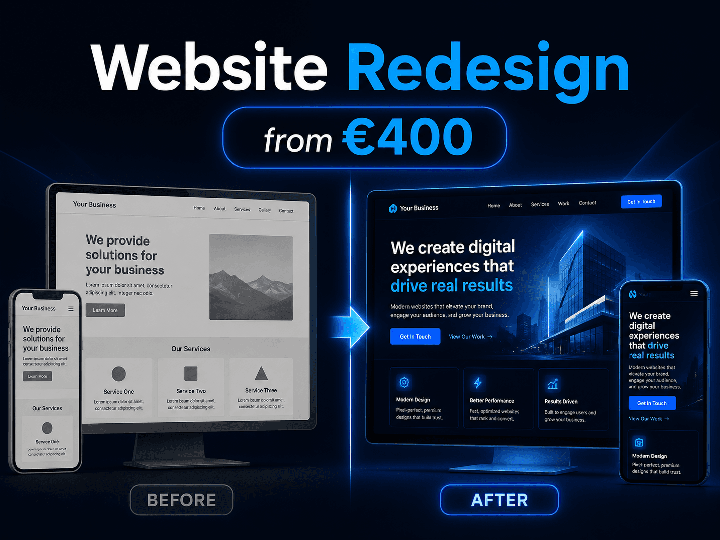 Website Redesign service showing a before and after website transformation